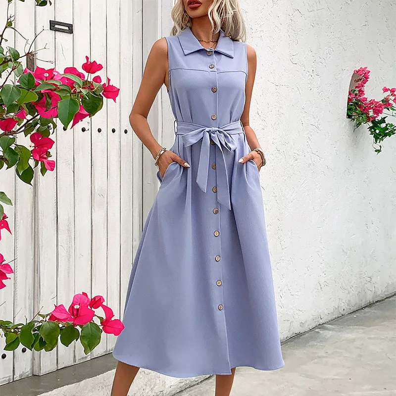 

Solid Color Sleeveless Dress with Long Lapels in Summer 2025