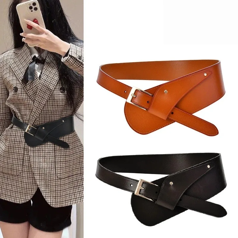 

New Women's Wide Belts Decoration Fashionable Waist Cinching Coat Belt,Trendy Genuine Leather Slanted Wide Waistband