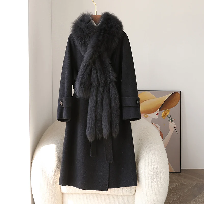 Manteau en laine cachemire avec pompon pour femme, col en fourrure de renard véritable, long et élégant, mode classique, automne et hiver