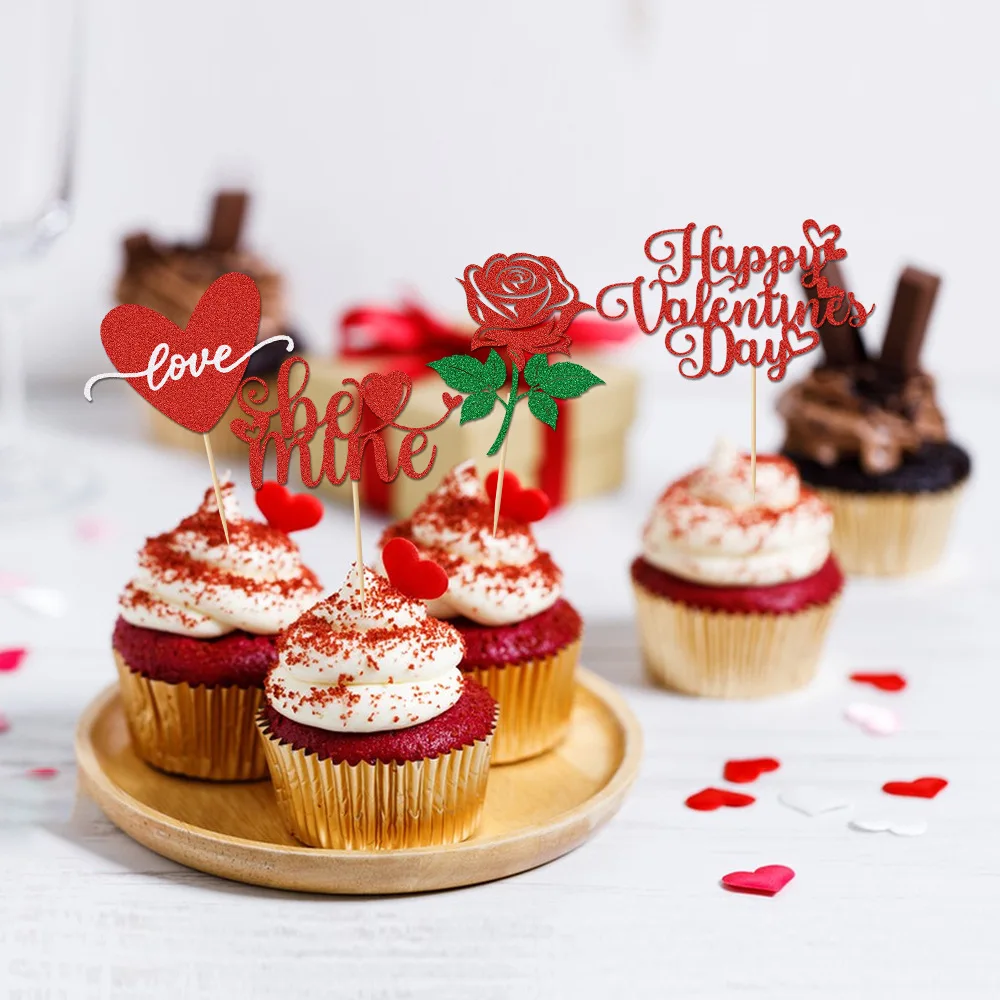 12PCS Happy Valentine\'s Day Cupcake Toppers Glitter Sweet Love Be Mine Valentines Cupcake Cake Decorations Supplies