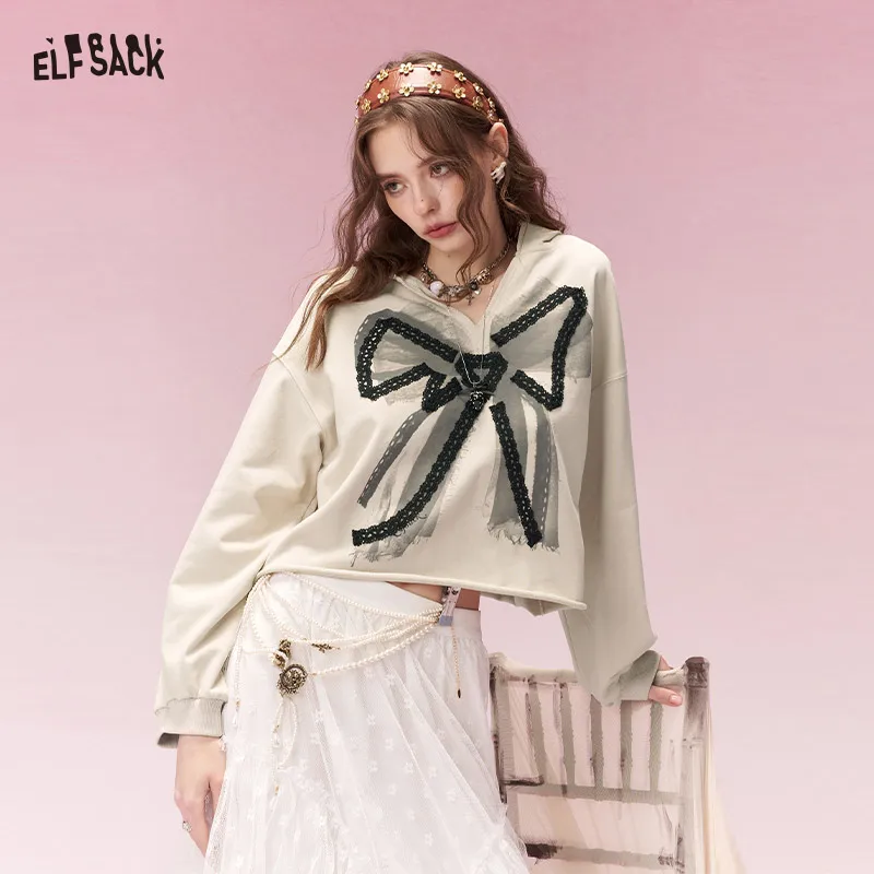 

Симпатичная укороченная толстовка ELFSACK с кружевным бантом, свободная толстовка в стиле преппи для весны, уличная одежда для повседневного женского образа