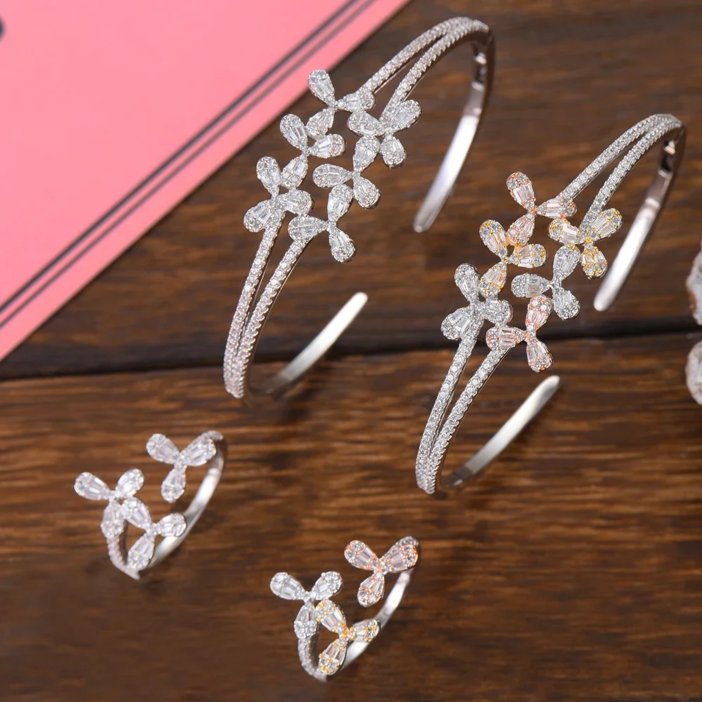 

soramoore Famous HotExclusive Sweet Charm Open Bangle Ring Jewelry Set for Women Full Shiny Mini Cubic Zirconia Accessories Gift