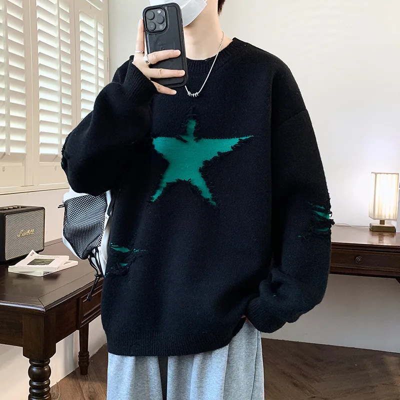 

Модный мужской свитер с длинным рукавом, вязаный, повседневный, универсальный, осенний, новый стиль, с круглым вырезом, из смесового полиэстера, молодежный