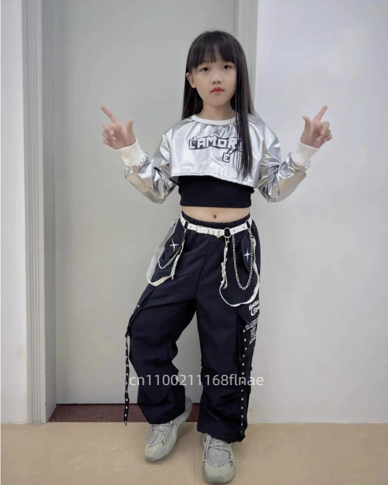 Jazzdance-voorstellingjurk voor meisjes Zilver leer Streetdance-set voor kinderen Modeshowjurk voor meisjesmodel