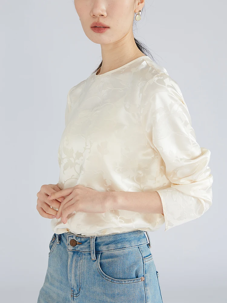 

Women Casual Long Sleeve T-Shirts Spring Autumn Solid Color Tops Round Neck Silk Printed Female Streetwear Base Tees