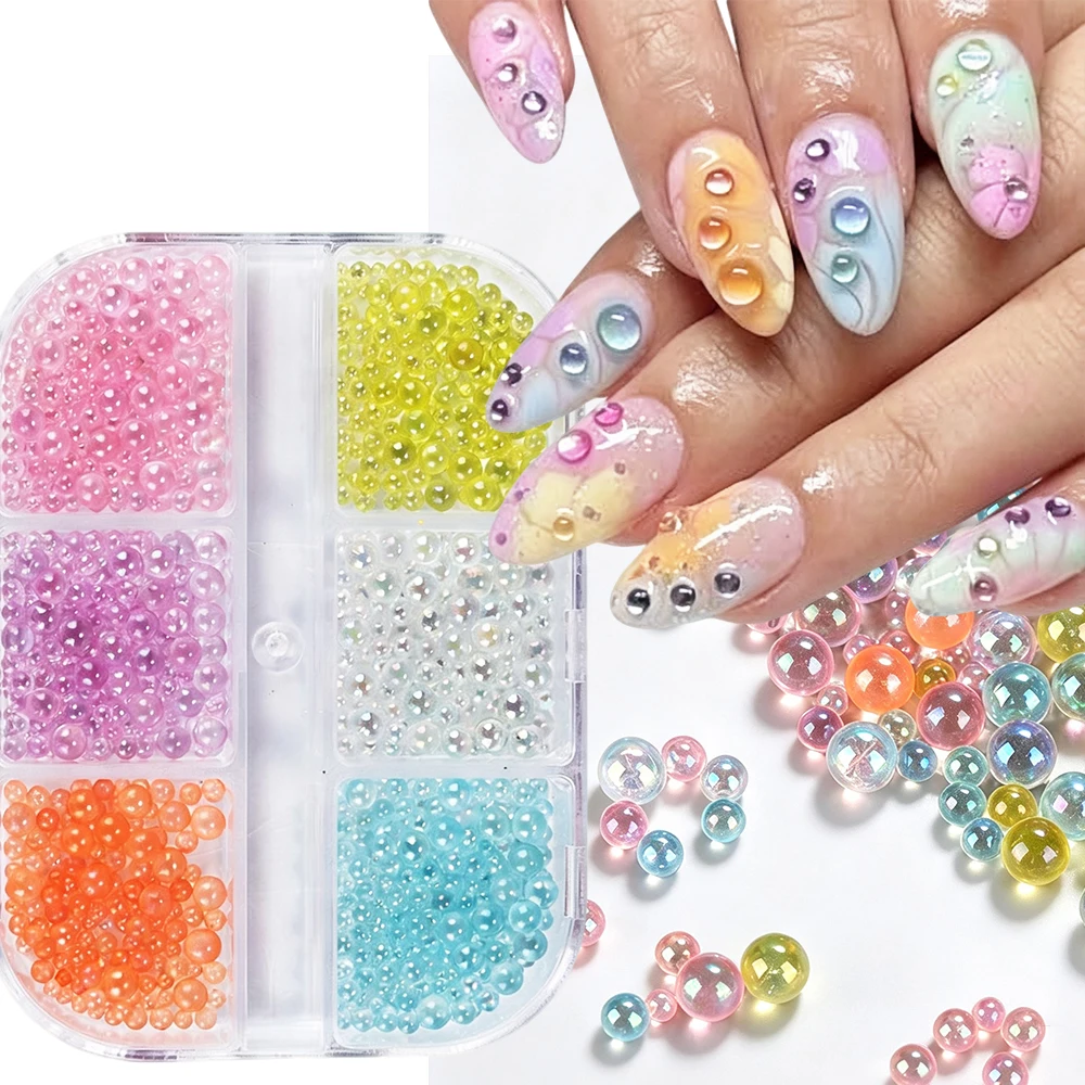6Grids Macaron Pastel Half Round Nail Pearls 3D Transparent Aurora Mermaid Beads Nail Rhinestones For DIY Manicure Nail Supplies
