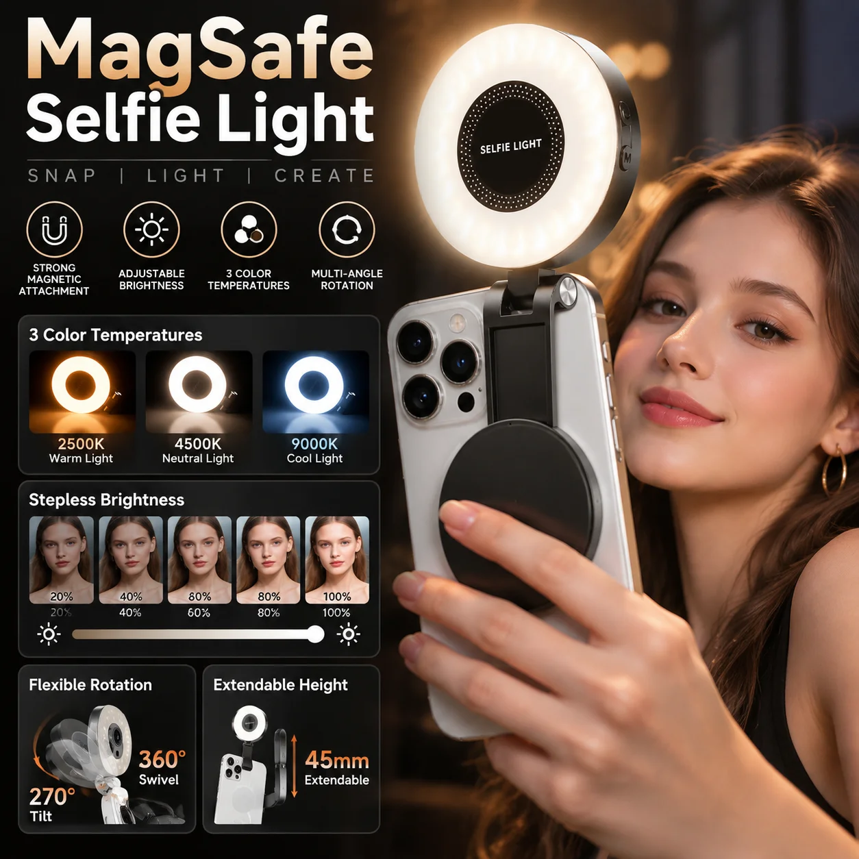 Magnetic Phone Selfie Light Portable Magsafe Fill Light 3 Brightness Adjustment For Live Streaming Video Recording Outdoor