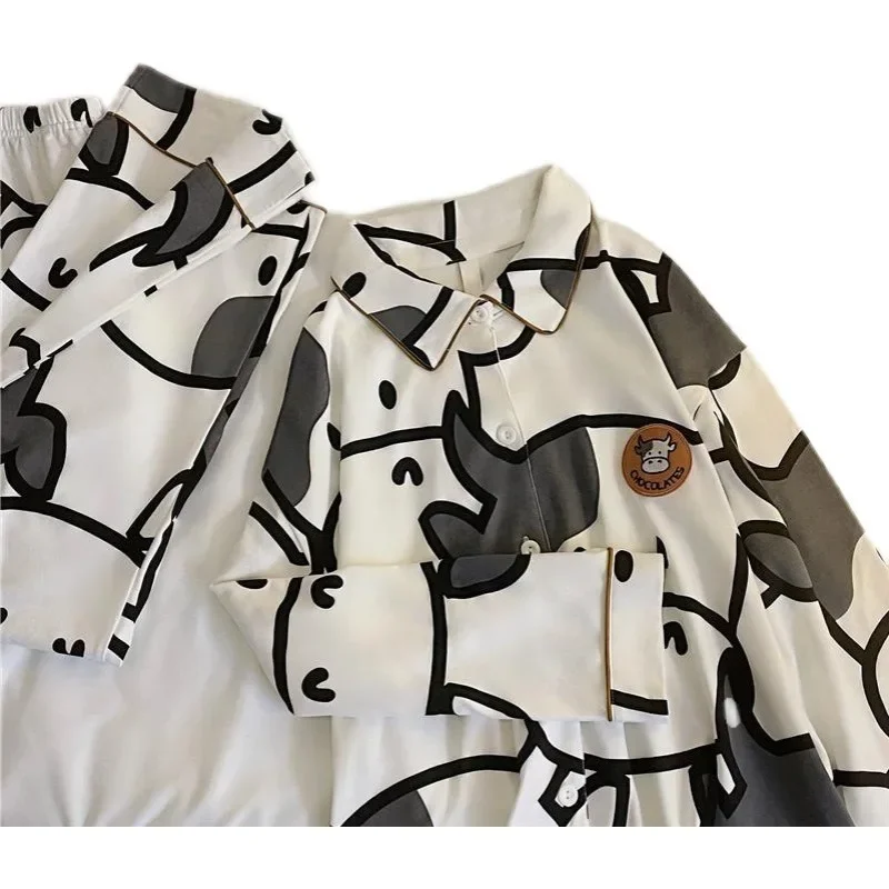 

New Women's Long-sleeved Clothes Pants Thin Section Loose Cartoon Cute Pajamas Homewear Fall Ladies Pajamas White Cow Homewear