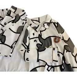 New Women's Long-sleeved Clothes Pants Thin Section Loose Cartoon Cute Pajamas Homewear Fall Ladies Pajamas White Cow Homewear