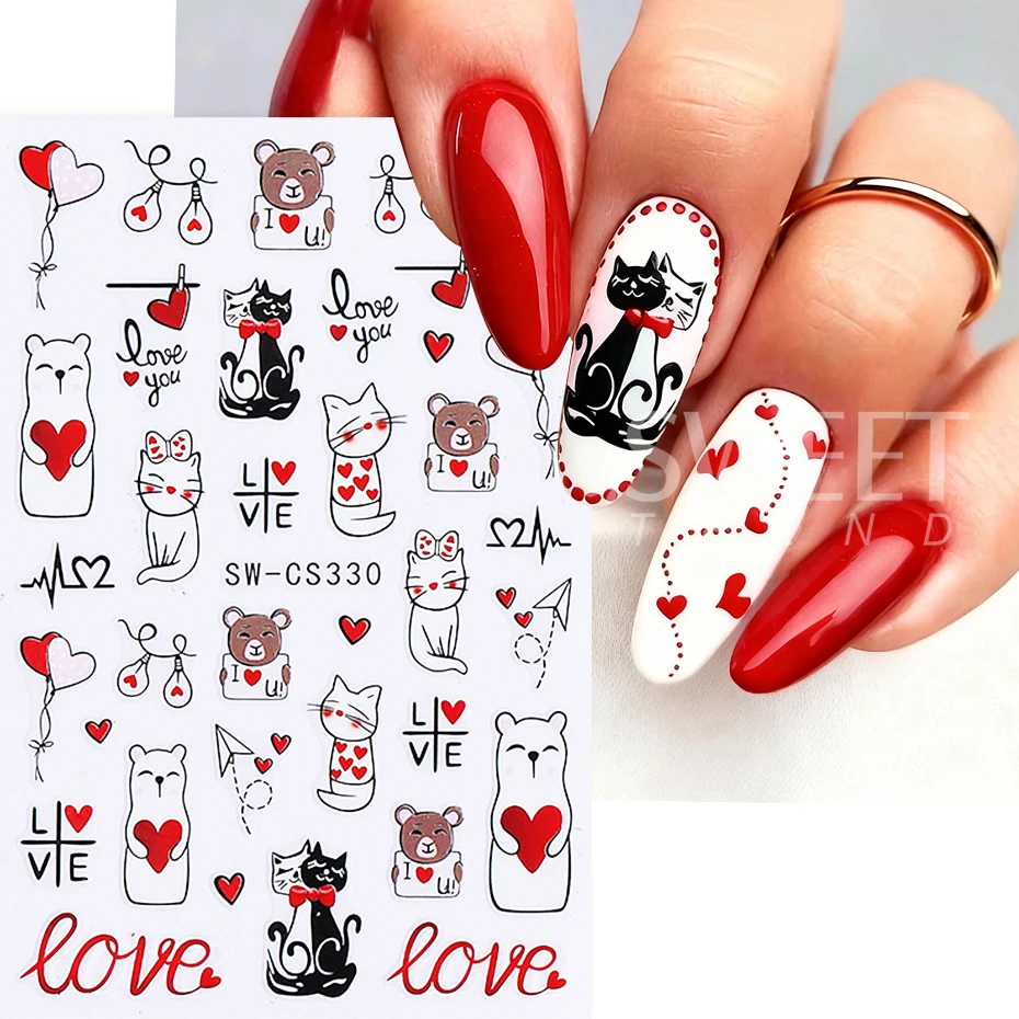 3 pezzi adesivi per unghie di San Valentino autoadesivi simpatico gatto amore cuore palloncino orso decalcomanie per unghie per auto accessori per decorazioni per manicure fai da te
