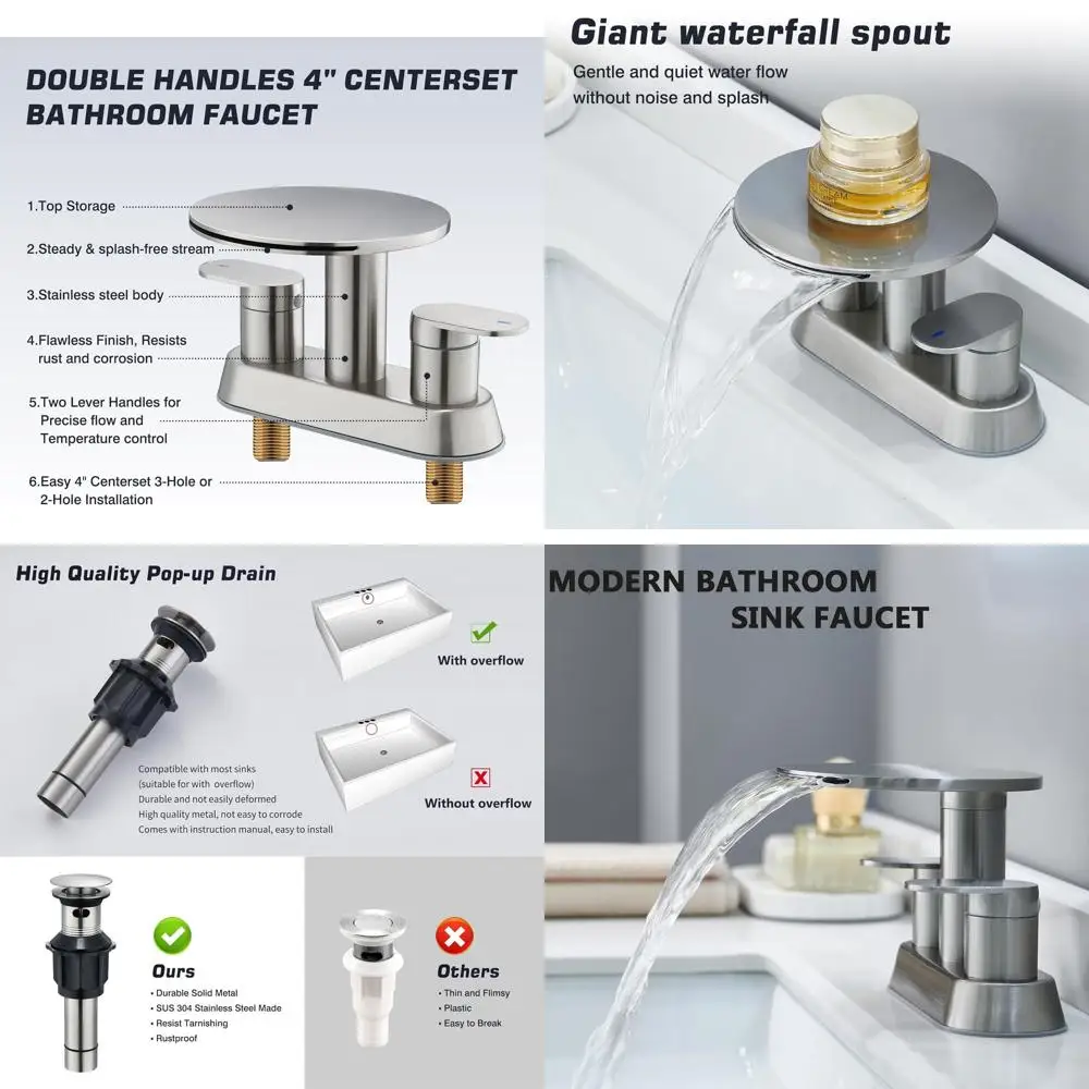 

Современный смеситель для раковины с 2 ручками и 3 отверстиями, круглой полкой и металлическим выдвижным сливом из матового никеля