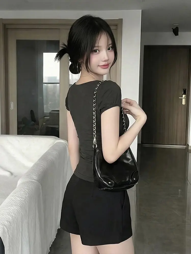 Y2K French Milkmaid Top Women Ruched Bust Puff Sleeve Square Neck T Shirt Coquette Slim Fit Short Sleeve Summer Casual Tees Goth