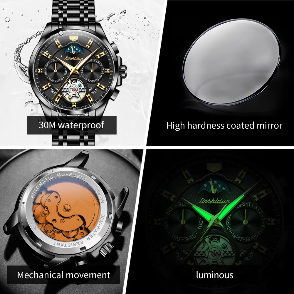 JSDUN 8945 Mens Watches Skeleton Flywheel Automatic Mechanical Wristwatch Calendar Moon Phase Original Luxury Business Man Watch