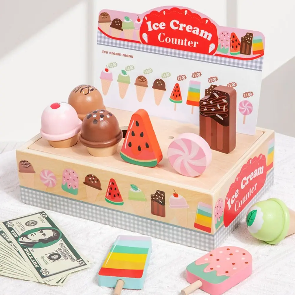 Wooden Role-playing Ice Cream Toy Simulation Food Play House Counter Playset Pretend Toys Miniature Cognitive