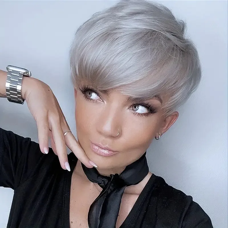 Серебристо-серые прямые парики из натуральных волос Короткий парик с стрижкой пикси Бразильские волосы с предварительно выщипанной челкой Машинное производство для женщин Ежедневное использование