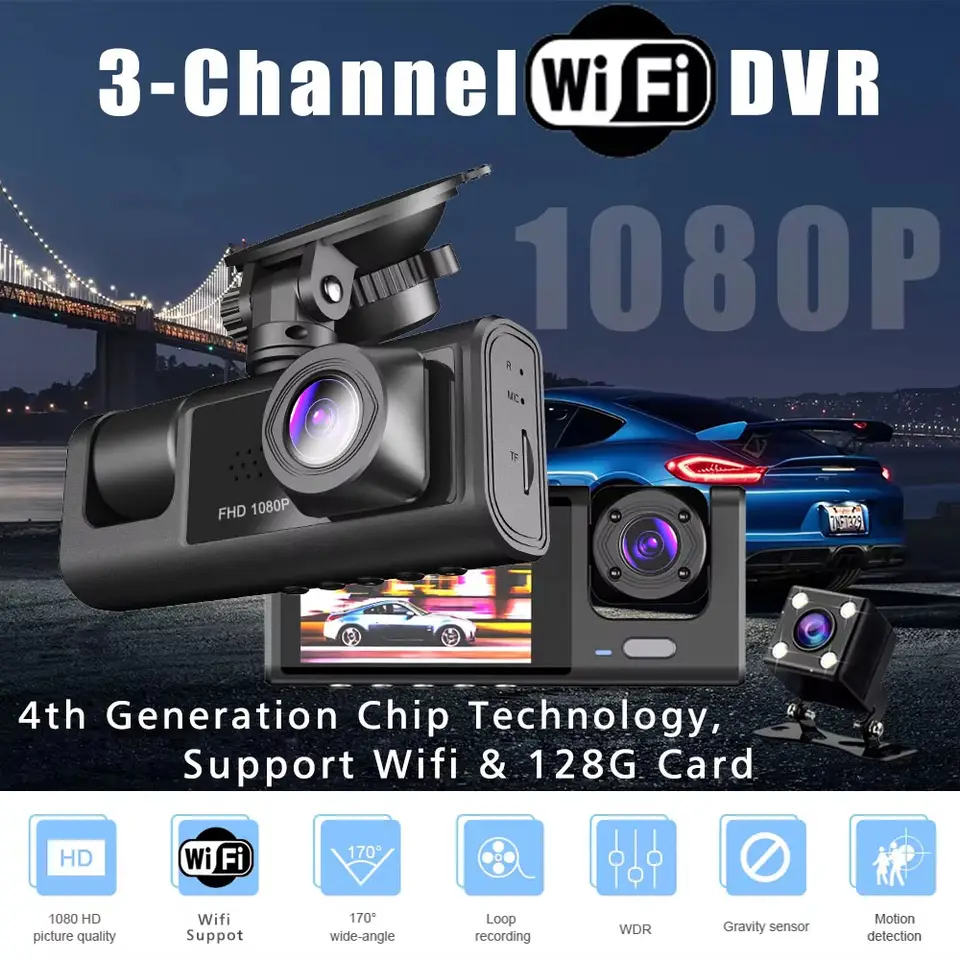 1080P 3 عدسة قناة واي فاي داش كام سيارة DVR كاميرا داخلية للمركبة مسجل فيديو صغير مسجل فيديو داشكام كاميرا ثلاثية الاتجاه - 3