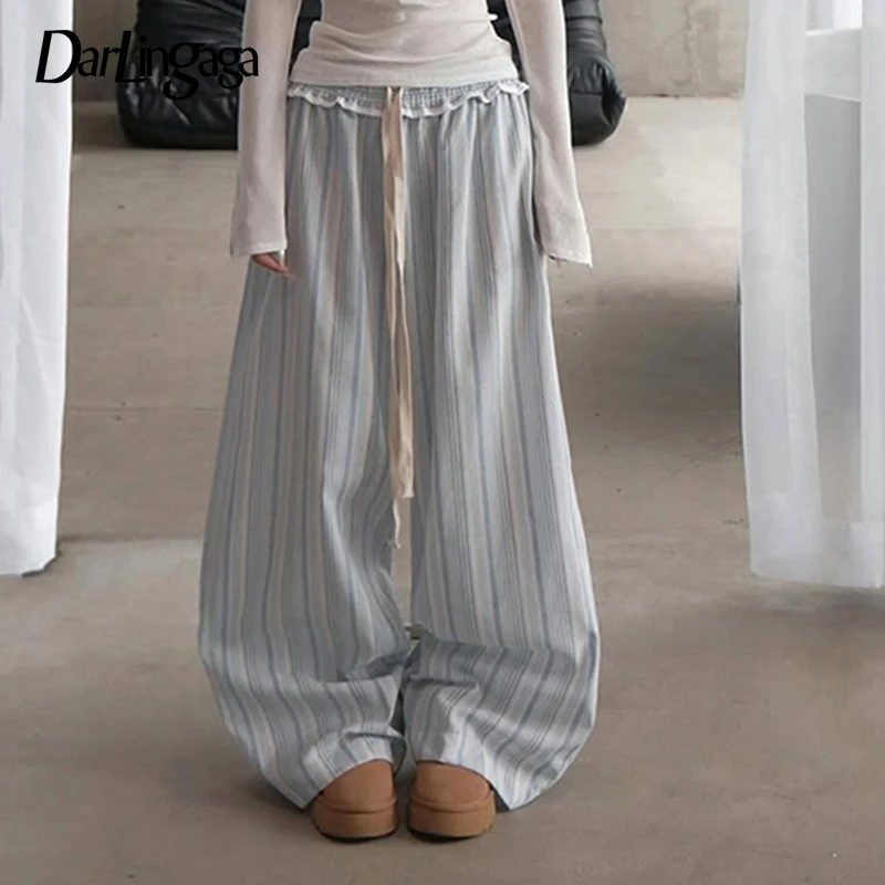 

Darlingaga Y2K Aesthetics Striped Loose Drawstring Pants Women Harajuku Edible Tree Fungus Trim Patchwork Waist Trousers Trend