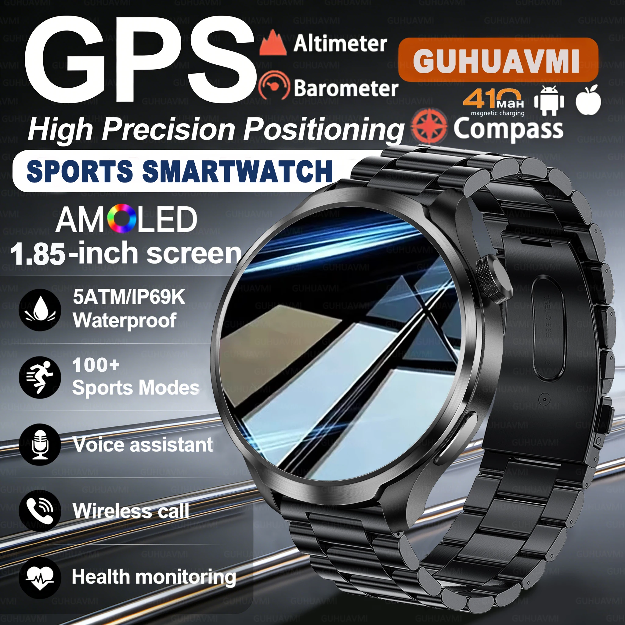

Новые спортивные модные смарт-часы 2026 года для мужчин с GPS, AMOLED HD-экраном 1,85 дюйма, измерением пульса, NFC, давления в крови, функцией звонков по Bluetooth