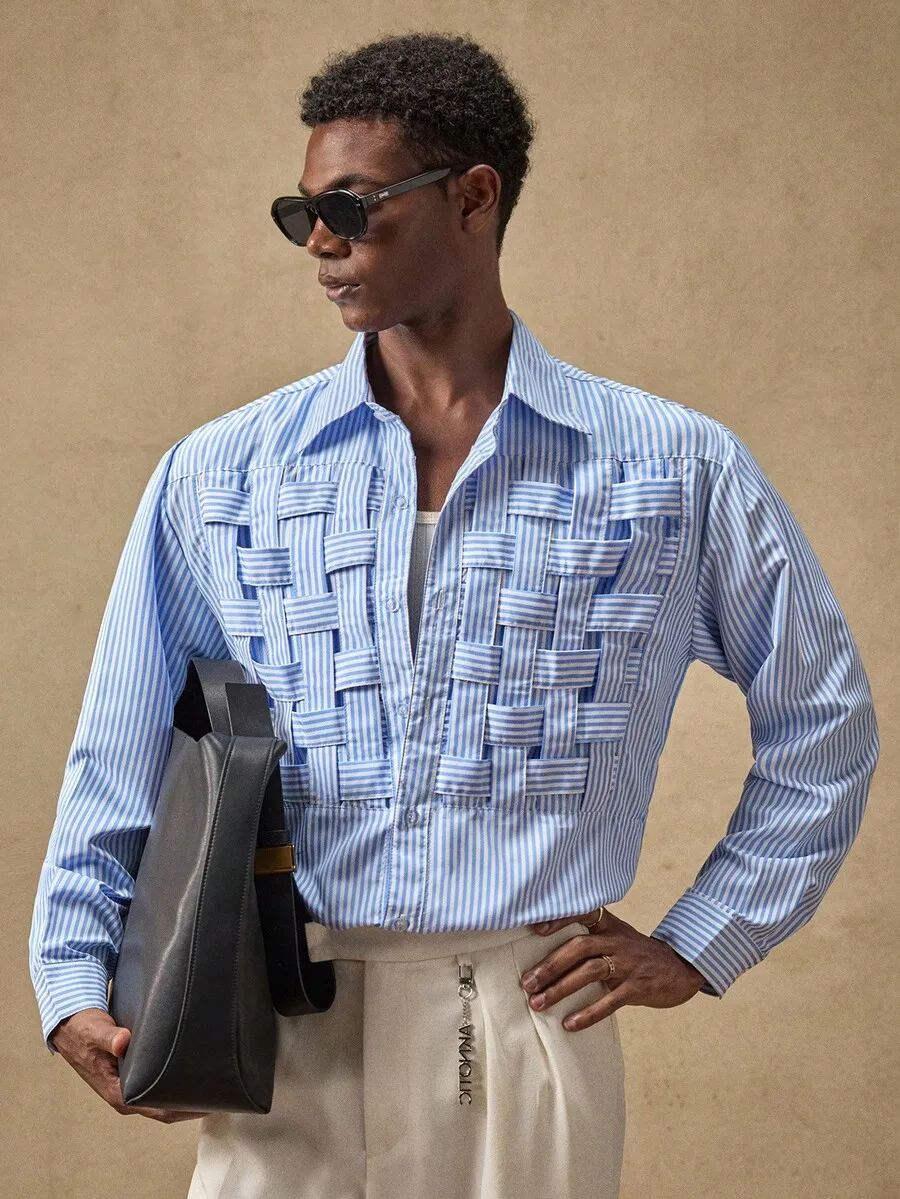

Men's Blue and White Striped Woven Panel Shirt, Loose Fit Casual Design