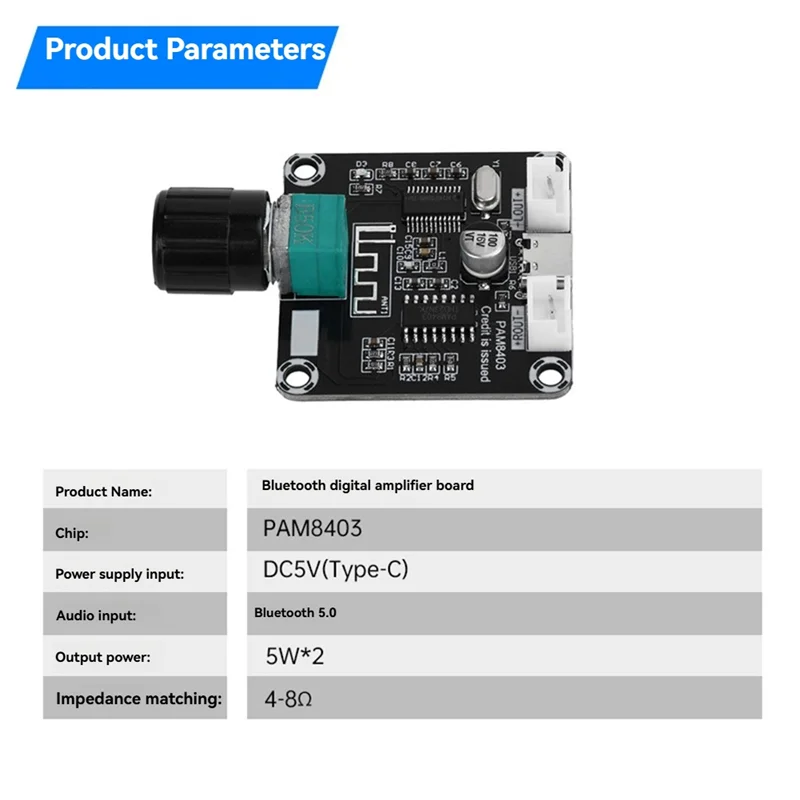 

-ABGQ Type-C 5 Вт + 5 Вт Mini PAM8403 Bluetooth-совместимая плата цифрового усилителя с модулем усилителя регулируемой громкости 5 В постоянного тока