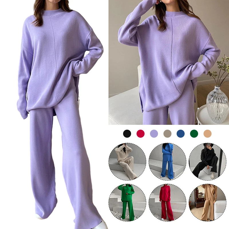 

2023 Woman Autumn Winter Sweater Suits Fashion Long Sleeve Loose Jumper High Neck Top Ankle Pant Female Solid Color Knitted Set