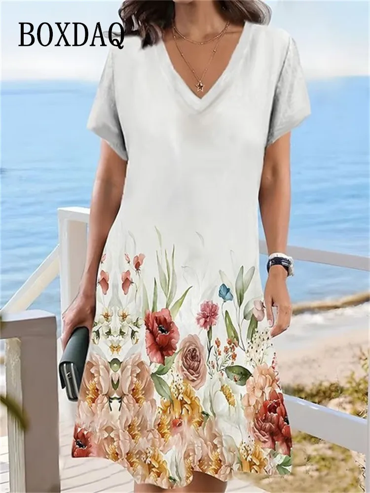 2023 New Summer Vintage Dresses For Women Clothing Casual Loose V-Neck Flower Print Dress Pullovers Short Sleeve Oversized Dress