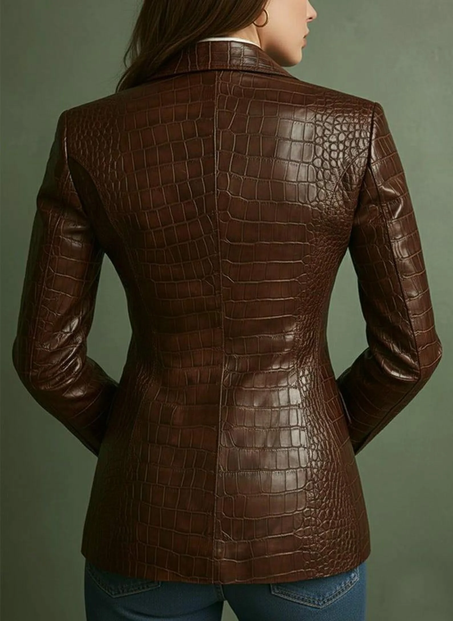 Damesblazer van PU-leer met krokodillenleer, retro bruin getailleerd jack voor kantoor- en professioneel gebruik, elegante jas voor het hele seizoen