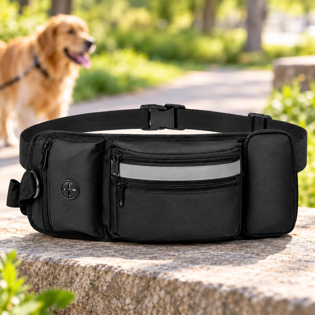 Dog Walking Waist Bag with Poop Bag Dispenser Bottle Holder, Adjustable Pet Treat Training Pouch for Hiking Running Travel