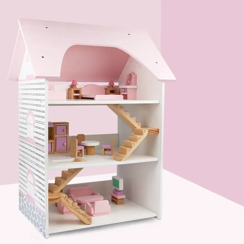 3 Etagen Villa große rosa Prinzessin Puppenhaus Möbel DIY 3D Holz Puppenhaus Spielzeug Cosplay für Kinder spielen Haus großes Geschenk