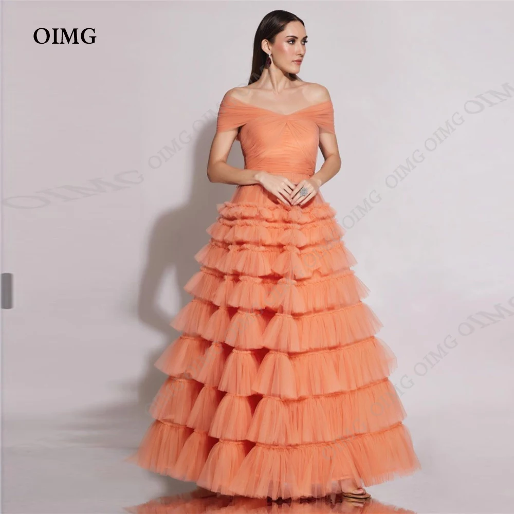 OIMG Orange Tulle Off Shoulder Long Prom Dresses Pleated Floor Length Custom Saudi Arabia Evening Gowns Formal Party Dress