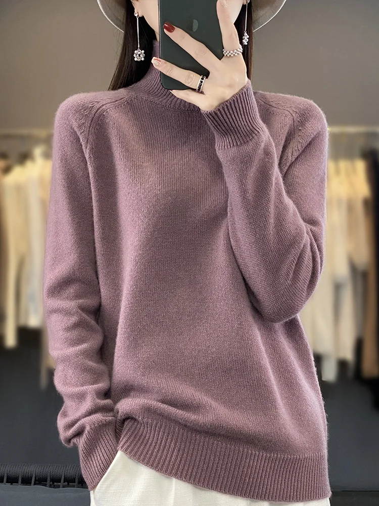 2024 Fashion Basic Autumn Winter Merino Wool Sweater Mock Neck Office Lady Knitted Pullover Solid Soft Long Sleeve Clothing Tops