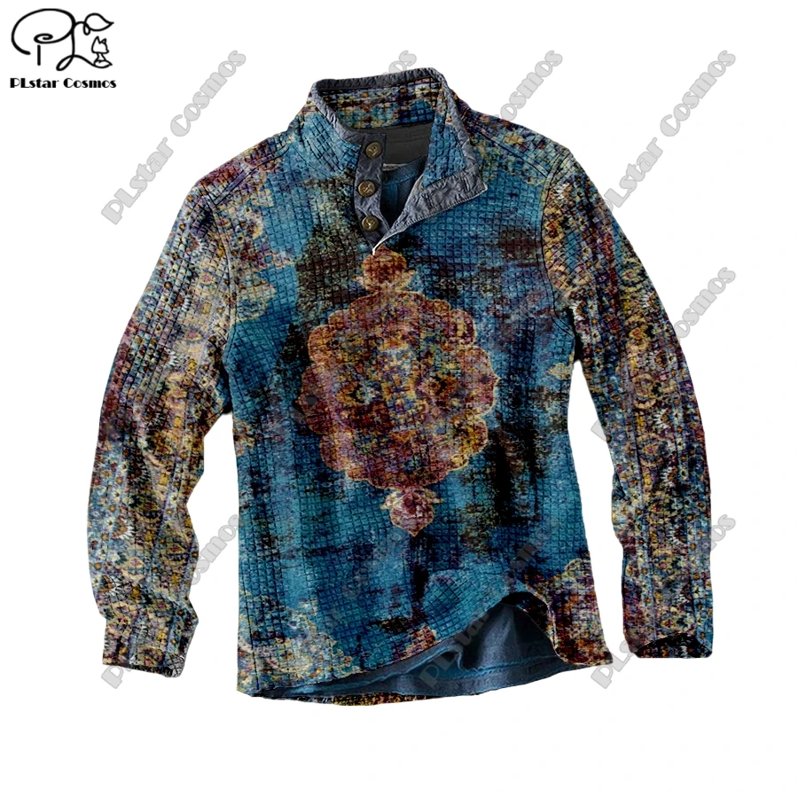 PLstar Cosmos new 3D printing tribal retro pattern series warm stand collar sweater Polo street casual unisex winter Polo L-11