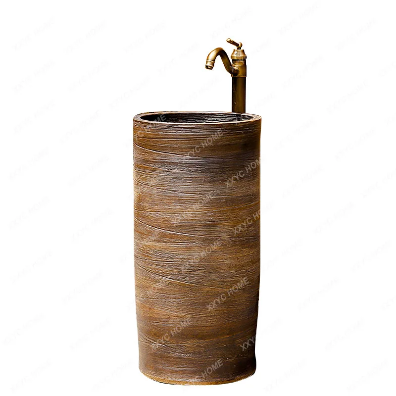 

Wash Basin Ceramic Pillar Basin Basin Art Retro Integrated Floor Balcony Bathroom Outdoor One-Piece Washbasin