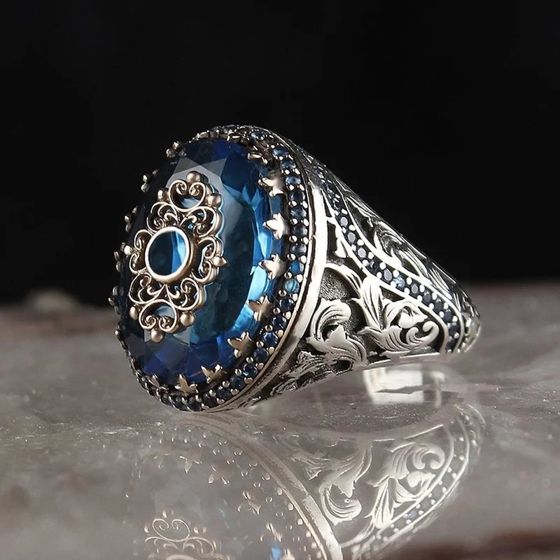 Vintage Trendy Women Ring Handmade Carved Turkish Signet Ring for Women Men Creativity Inlaid Blue Zircon Party Punk Jewelry