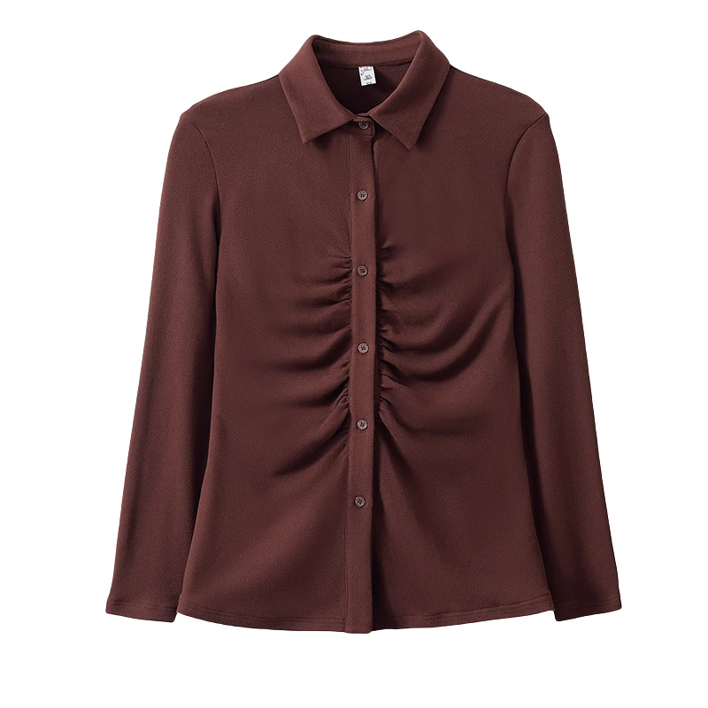 Camicia dimagrante a maniche lunghe con colletto rovesciato stile francese Top Camicette casual alla moda con pieghe chic primavera autunno da donna