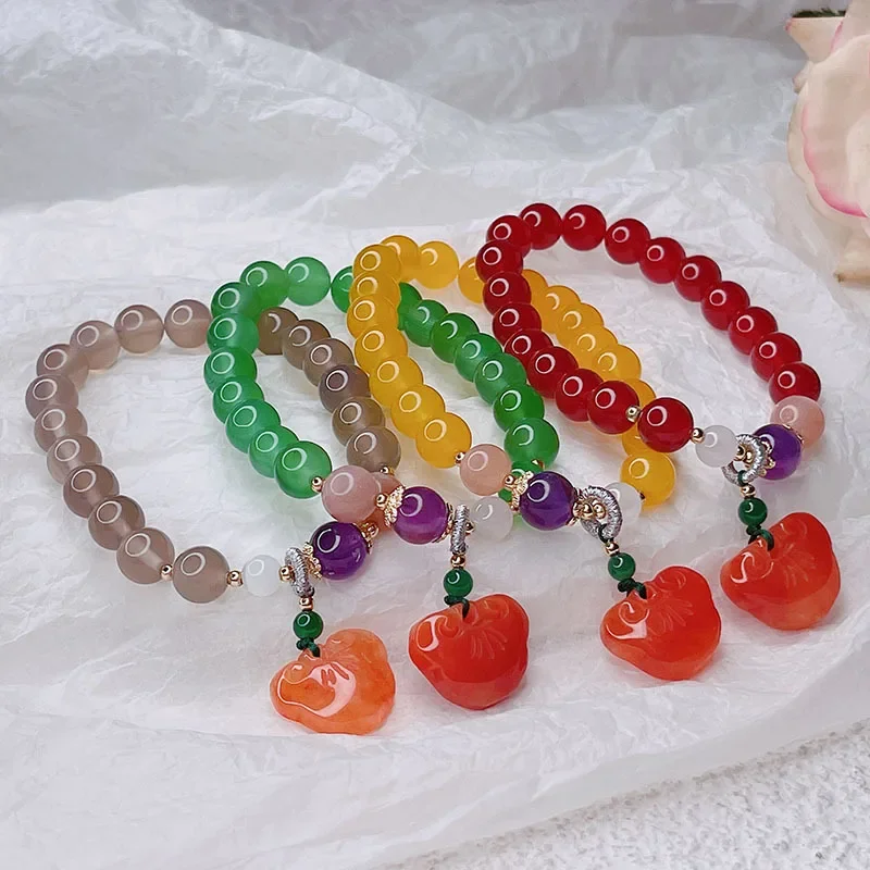 

Red/Green/Yellow/Gray 8mm Natural Agate Beaded Bracelets for Women Ethnic Lucky Lock Jade Pendant Friendship Fine Jewelry YBR591