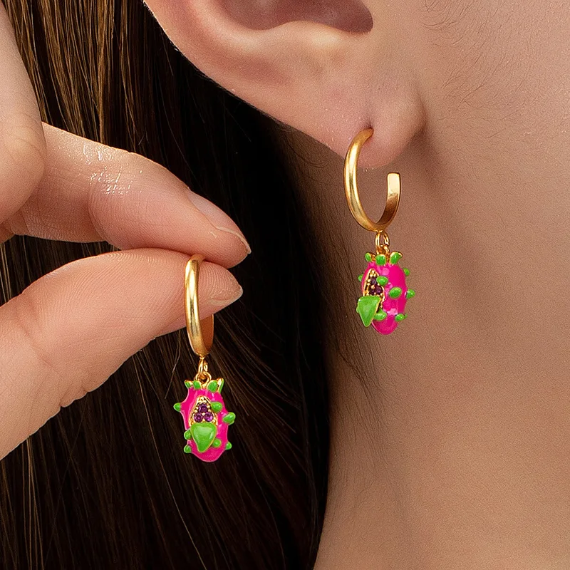 

Fashion Boho Mori Style Temperament Niche Design New Arrival Lovely Fruit Rose Red Enamel Dragon Fruit Dangle Earrings for Women
