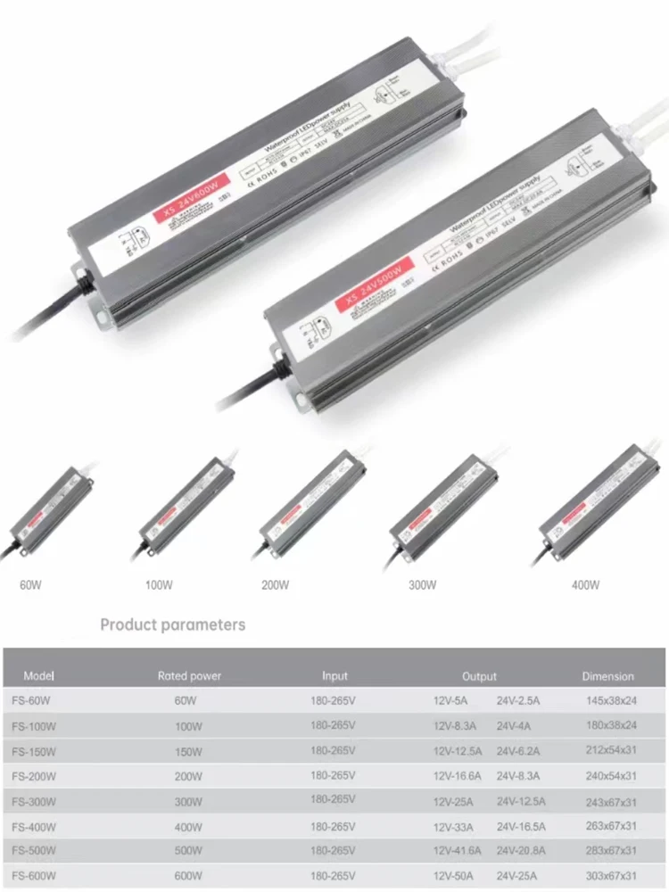 Transformadores de iluminação de lâmpada LED de alumínio AC180-265V para DC12V DC24V100W 200W 400W Transformadores de iluminação de fornecimento IP67 à prova d'água