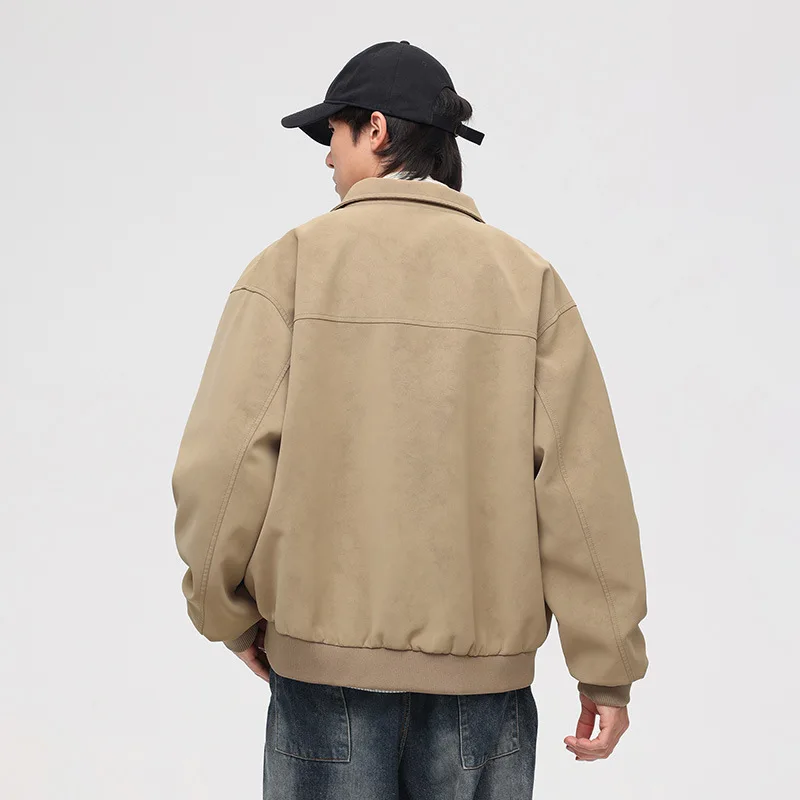 남성 가을 코트 빈티지 솔리드 턴다운 칼라 긴 소매 지퍼 남성 아우터웨어 패션 루즈 캐주얼 다용도 남성 재킷