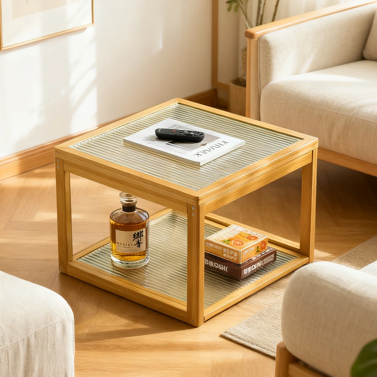 

20-Inch Bamboo and Glass Coffee Table with Modern 2-Tier Storage Design - Compact Square Shape for Small Living Rooms