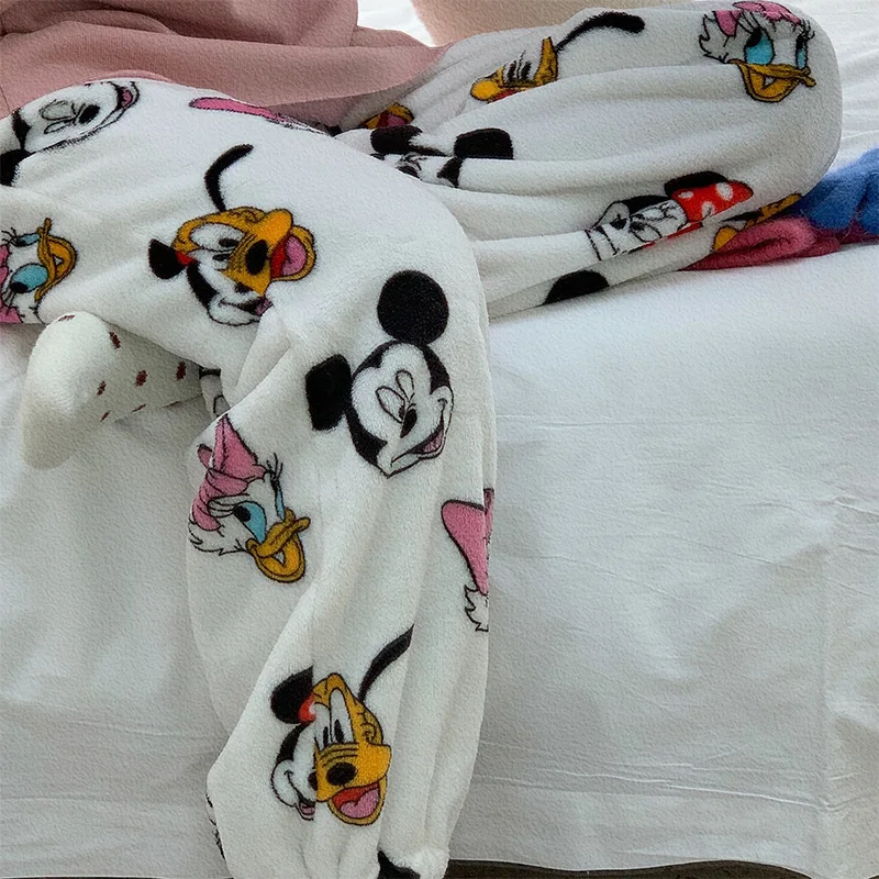 New Anime Disney Pajama Pants Kawaii Mickey Mouse Plush Home Pants Cartoon Minnie Coral Velvet Warm Leisure Pajama Pants