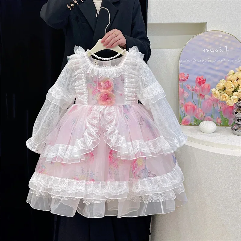 

2025Сладкие детские платья для девочек, сетчатые платья с длинными рукавами, бутиковая одежда принцессы для праздника, дня рождения, вечеринки в стиле Лолиты для девочек