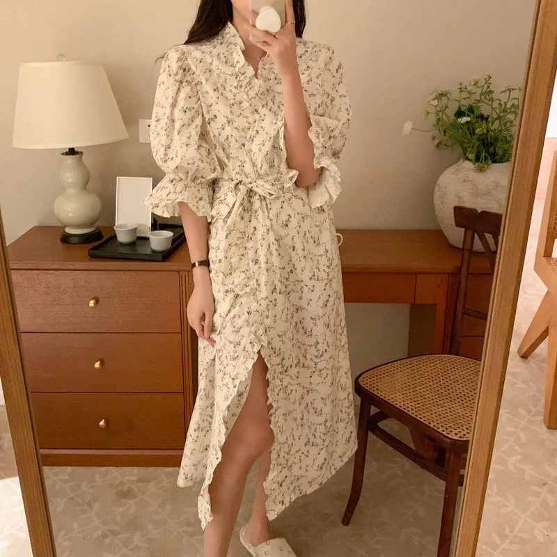 Soft Floral Summer Korean Short Sleeve Sweet Nightgown Women Two Piece Set Pajamas Print Flowers Casual Elegant Sleepwear Ins