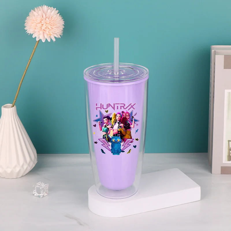 

KPop Demon Hunters чашка для воды аниме тренд портативный двухслойный соломенный чайник большой емкости уличный двухслойный пластиковый кувшин подарок