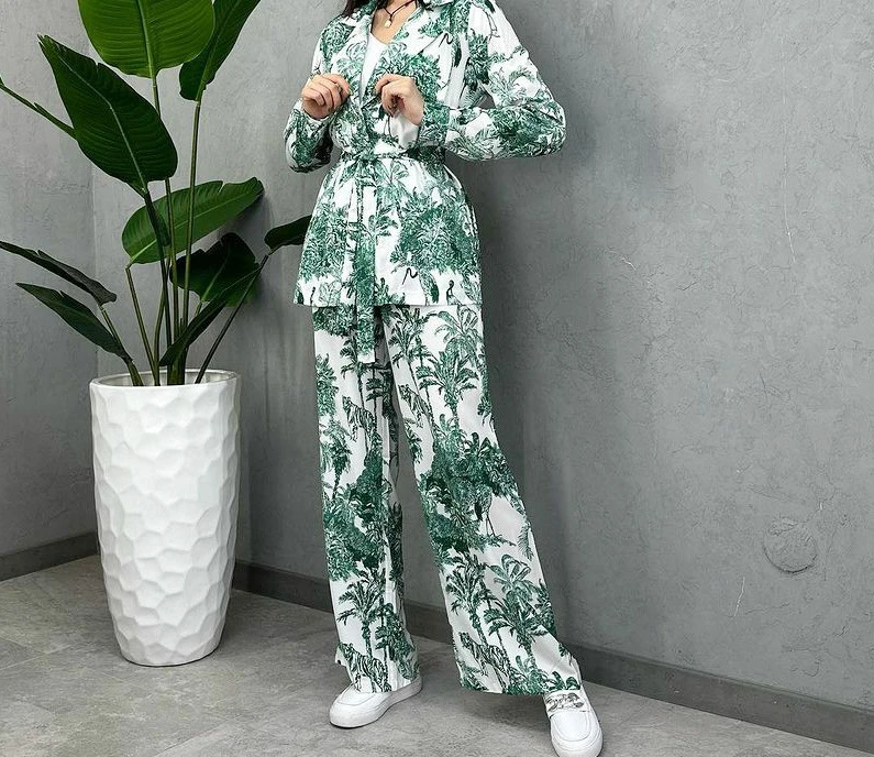 Women Print Two Piece Pant Sets Full Sleeve Cardigan Shirts Lace Up Wide Leg Pants Midi Waist Loose Splice Casual Summer