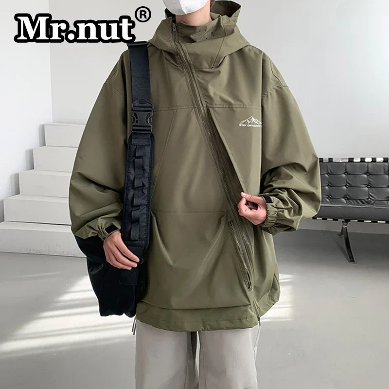 Mr.nut Stylish Diagonal Zipper Men's Windbreaker Outdoor Jackets Camping Hooded Clothing Streetwear Sports Spring Autumn Jacket