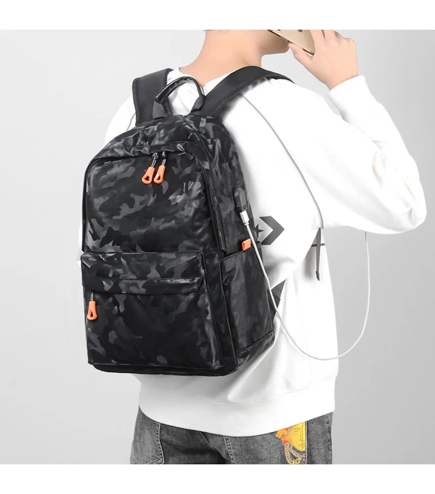Black camouflage print backpack with orange zipper pulls anti splash side external USB for teen school outdoor casual trips
