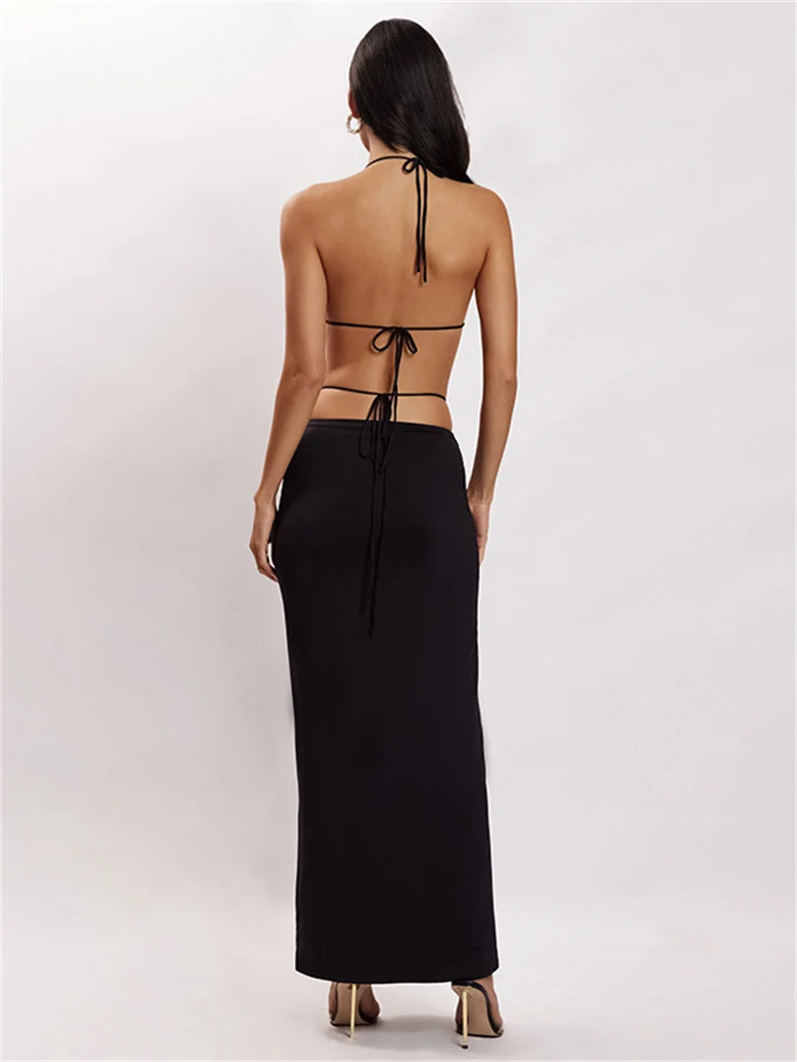 wsevypo Summer Women Two-Piece Skirt Suits Sexy Backless Halterneck Crop Tops with Bandage Wrapped Long Skirt Party Street Sets