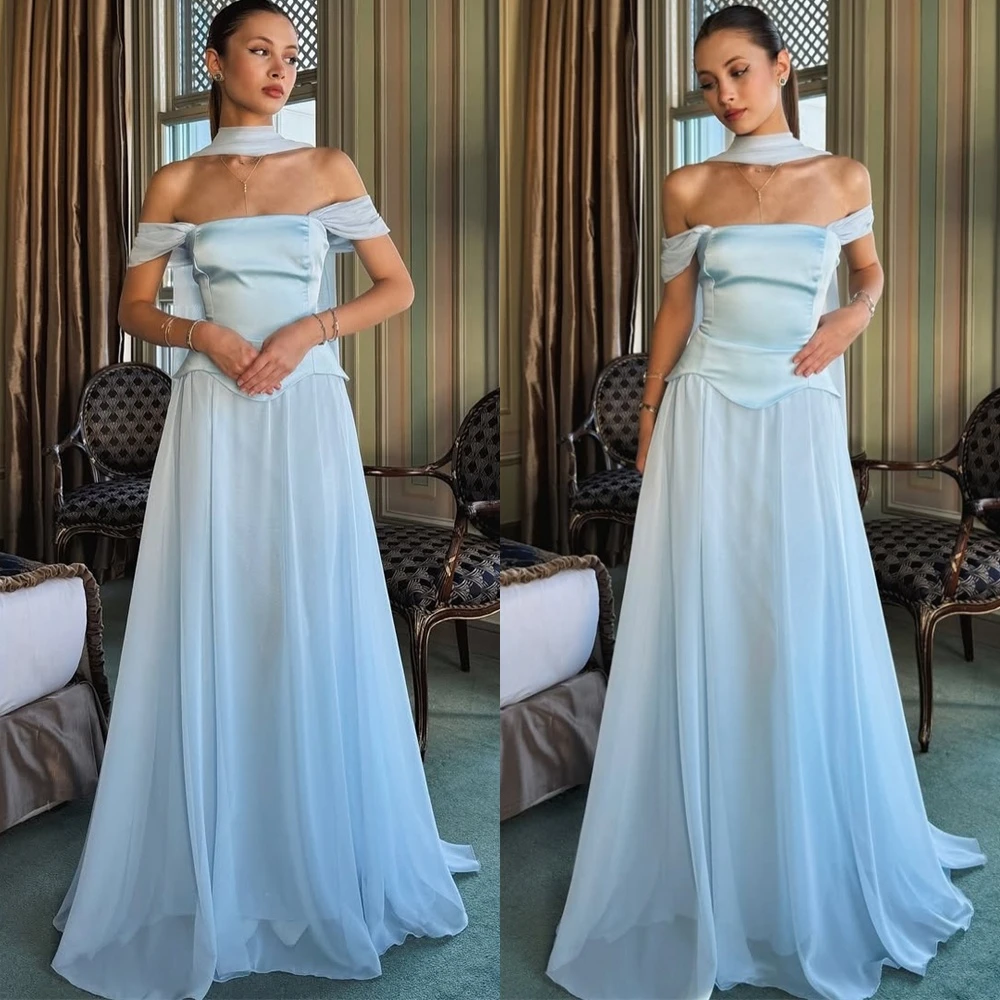 

Customized High Quality Blue Chiffon Evening Dress Elegant Strapless Off the Shoulder Homecoming Dresses Temperament Prom Dress