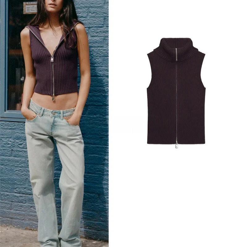 

Winter Women's Casual Sle Knitted Vest Top Svel Stand Collar Zipper Ribbed Polyester Fiber ort Length Outerwear